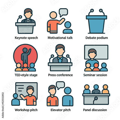 Speech Formats Icons. Flat icon set of speech types and formats: keynote speech, motivational talk, debate