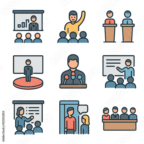 Speech Formats Icons. Flat icon set of speech types and formats: keynote speech, motivational talk, debate