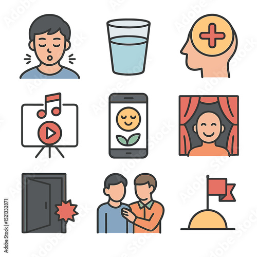 Stage Fright Solutions. Flat icon set of overcoming stage fright: breathing exercise, glass of water, positive