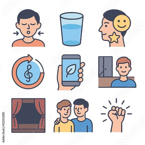 Stage Fright Solutions. Flat icon set of overcoming stage fright: breathing exercise, glass of water, positive