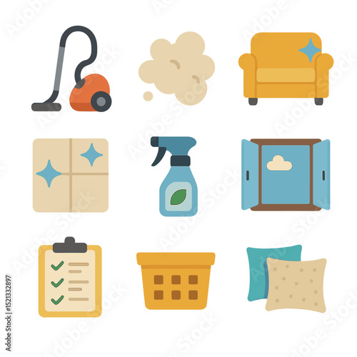 Spring Cleaning Icons. Flat icon set of spring cleaning living room: vacuum cleaner, dust cloud, sofa with
