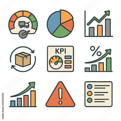 Supply Chain Metrics Icons. Flat icon set of supply chain performance metrics: delivery time gauge, logistics
