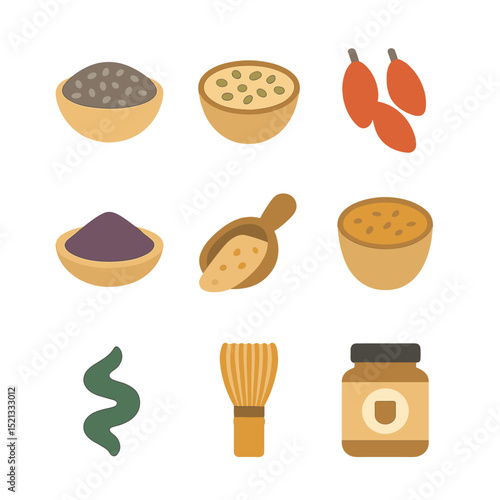 Superfood Smoothie Icons. Flat icon set of superfood smoothie ingredients: chia seeds, hemp hearts, goji