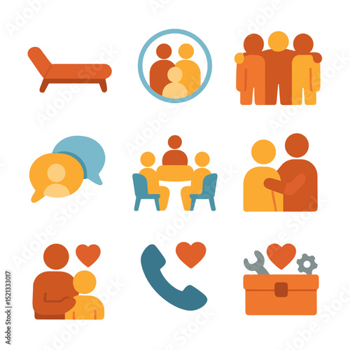 Support Network Icons. Flat icon set of support network visuals: therapy couch, family circle, friend group