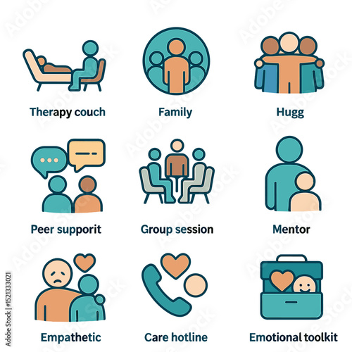 Support Network Icons. Flat icon set of support network visuals: therapy couch, family circle, friend group