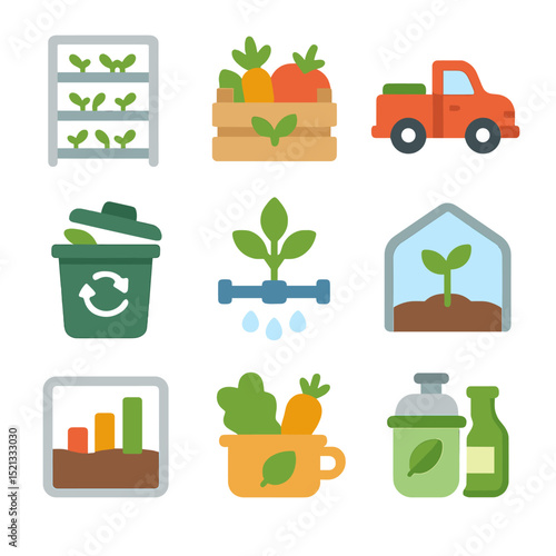 Sustainable Agriculture Icons. Flat icon set of sustainable agriculture and food startups: vertical farm,
