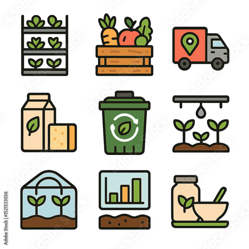 Sustainable Agriculture Icons. Flat icon set of sustainable agriculture and food startups: vertical farm,