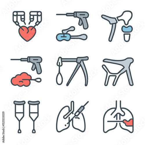 Surgical Procedure Icons. Flat icon set of surgical procedure types: robotic heart surgery, prostatectomy tool