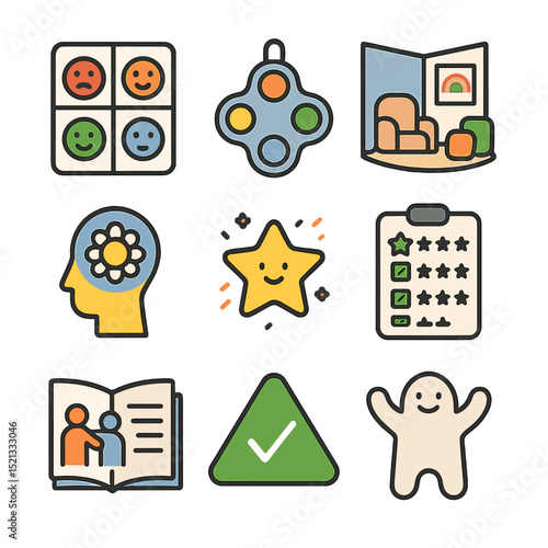 Support Tools Icons. Flat icon set of emotional support tools: emotion chart, fidget toy, calming corner,