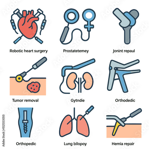 Surgical Procedure Icons. Flat icon set of surgical procedure types: robotic heart surgery, prostatectomy tool