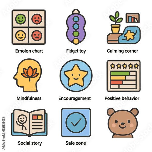 Support Tools Icons. Flat icon set of emotional support tools: emotion chart, fidget toy, calming corner,
