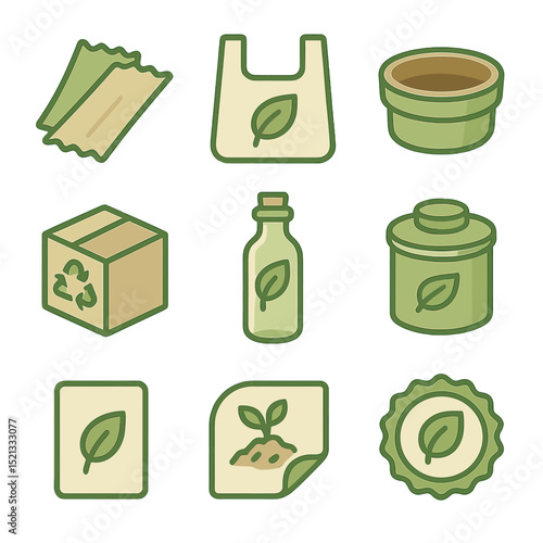 Sustainable Packaging Icons. Flat icon set of sustainable packaging design: paper wrap, biodegradable bag,
