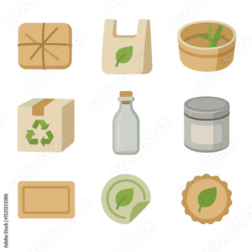 Sustainable Packaging Icons. Flat icon set of sustainable packaging design: paper wrap, biodegradable bag,