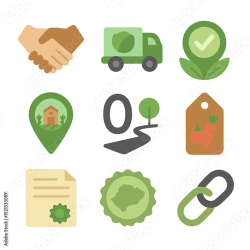 Sustainable Food Icons. Flat icon set of sustainable food sourcing: direct trade icon, local harvest truck,