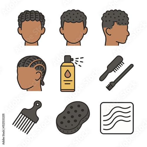 Textured Hair Icon Set. Flat icon set of textured hair styling after cut: twist out definition, combed coils,