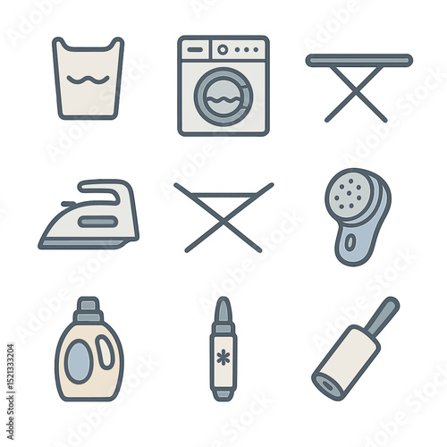 Textile Care Icons. Flat icon set of textile care and maintenance: laundry symbol tag, washing machine,