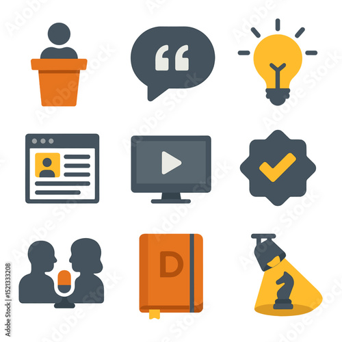 Thought Leadership Icons. Flat icon set of thought leadership: public speaking podium, quote bubble, idea