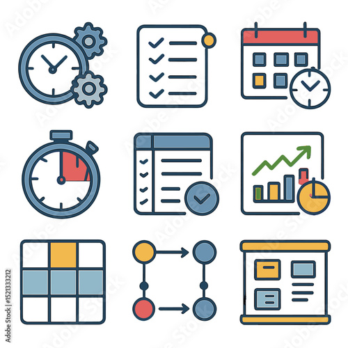 Time Management Icons. Flat icon set of time management and efficiency: clock with gears, to-do list icon,