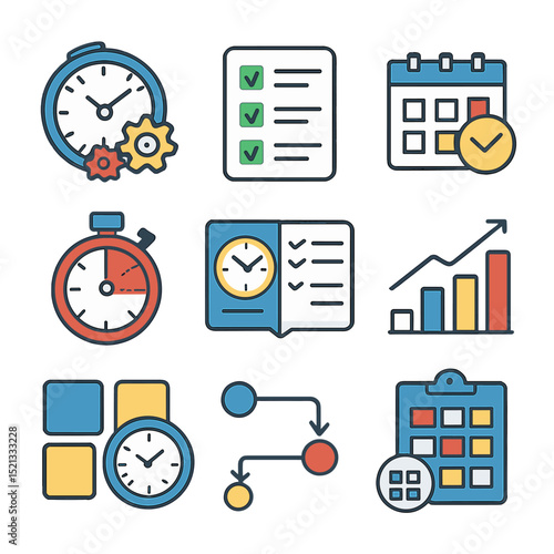 Time Management Icons. Flat icon set of time management and efficiency: clock with gears, to-do list icon,