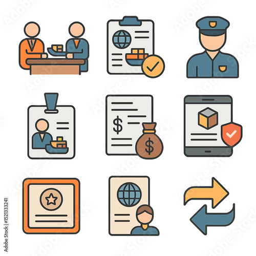 Trade Icon Set. Flat icon set of export-import negotiation scenes: trade delegates at table, global shipping