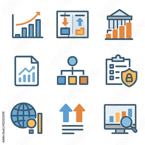 Trade Analytics Icons. Flat icon set of trade analytics and forecasting: tariff rate trend graph,