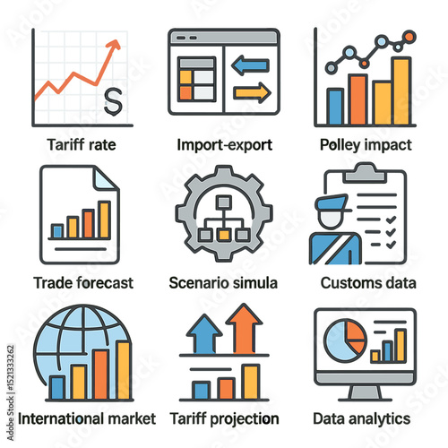 Trade Analytics Icons. Flat icon set of trade analytics and forecasting: tariff rate trend graph,