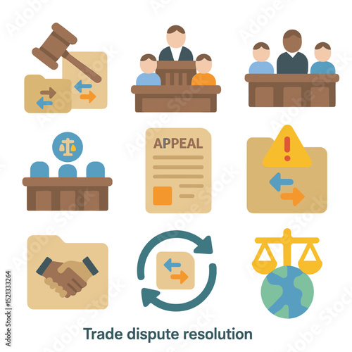 Trade Dispute Icons. Flat icon set of trade dispute resolution: gavel with trade file, arbitration board icon,