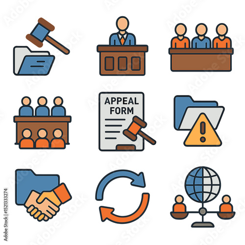 Trade Dispute Icons. Flat icon set of trade dispute resolution: gavel with trade file, arbitration board icon,