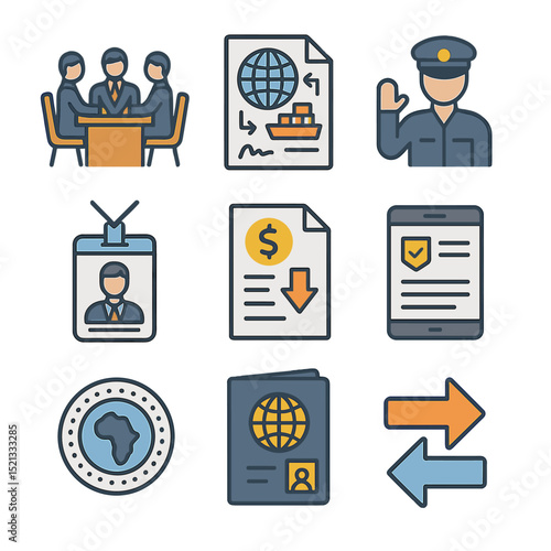 Trade Icon Set. Flat icon set of export-import negotiation scenes: trade delegates at table, global shipping
