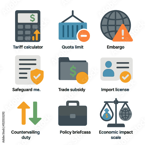 Trade Policy Icons Grid. Flat icon set of trade policy tools: tariff calculator, quota limit icon, embargo