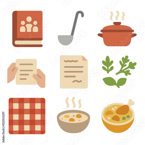 Traditional Dish Icons. Flat icon set of preparing traditional family dishes: family cookbook, soup ladle,