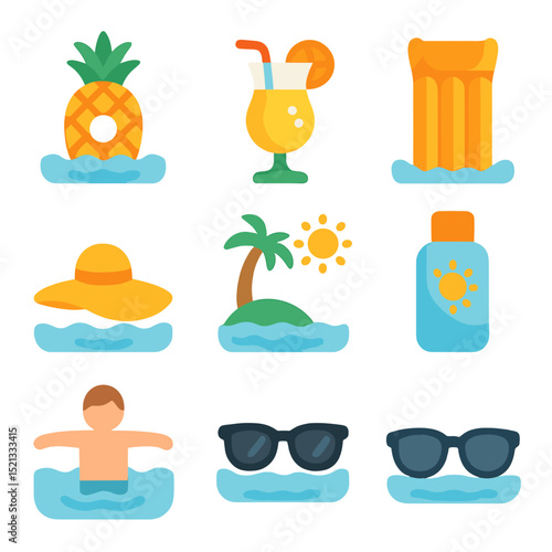 Tropical Floating Fun Icons. Flat icon set of tropical floating fun: pineapple float, beach drink icon,