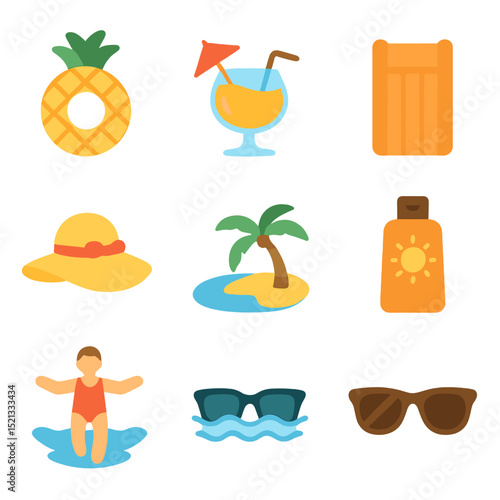 Tropical Floating Fun Icons. Flat icon set of tropical floating fun: pineapple float, beach drink icon,