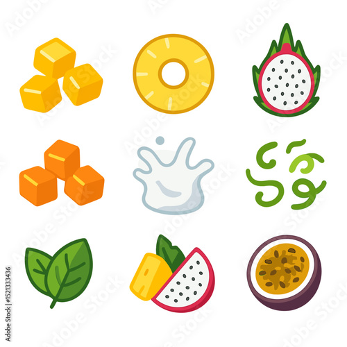 Tropical Smoothie Ingredients. Flat icon set of tropical smoothie ingredients: mango chunks, pineapple ring,