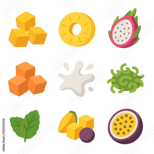 Tropical Smoothie Ingredients. Flat icon set of tropical smoothie ingredients: mango chunks, pineapple ring,