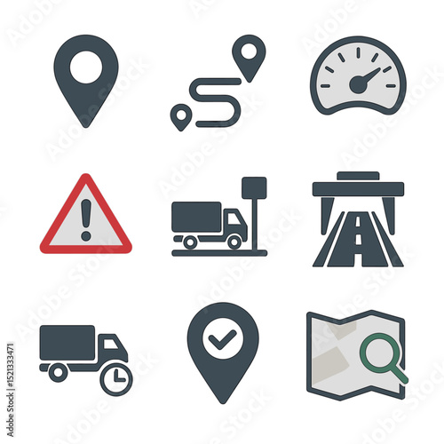 Truck Route Icons. Flat icon set of truck route management: map pin, road route, distance meter, traffic alert