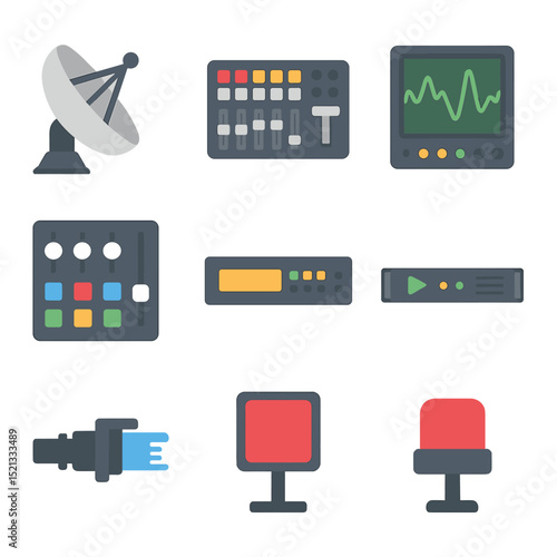 TV Broadcast Icons. Flat icon set of TV broadcast equipment: satellite dish, studio switcher, waveform monitor