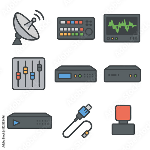 TV Broadcast Icons. Flat icon set of TV broadcast equipment: satellite dish, studio switcher, waveform monitor