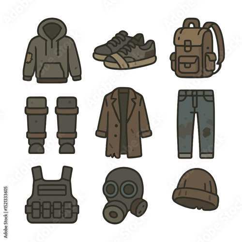 Urban Survivor Attire Icons. Flat icon set of urban ruin survivor attire: hoodie with patches, duct-taped