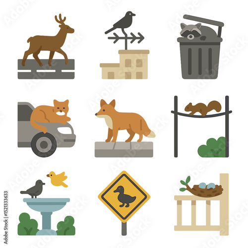 Urban Wildlife Icon Set. Flat icon set of urban wildlife interactions: animal crossing road, bird on antenna,
