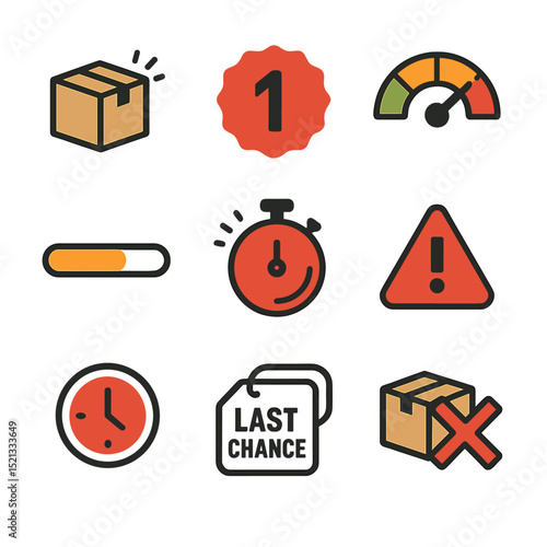 Urgency Tactics Icons. Flat icon set of urgency and scarcity tactics: stock running out icon, only 1 left