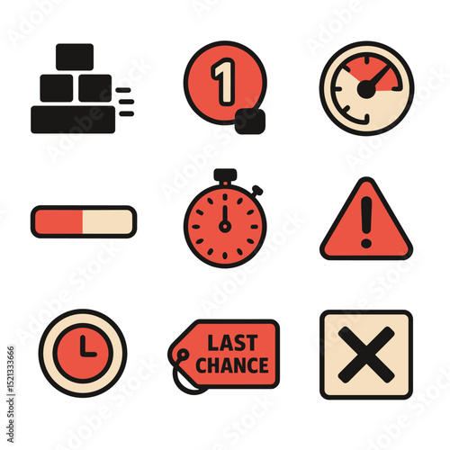 Urgency Tactics Icons. Flat icon set of urgency and scarcity tactics: stock running out icon, only 1 left