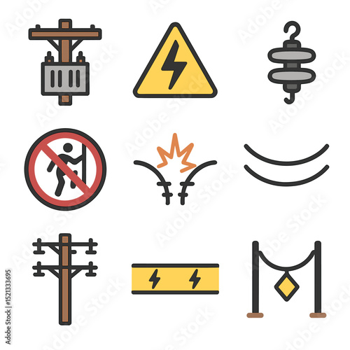 Utility Pole Icon Set. Flat icon set of utility pole and power line icons: pole-mounted transformer,