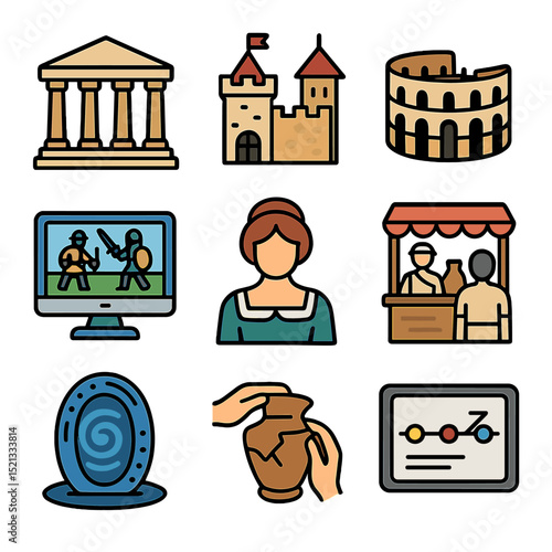 Virtual History Icon Set. Flat icon set of virtual historical re-creations: ancient temple, medieval castle,