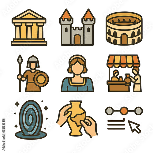 Virtual History Icon Set. Flat icon set of virtual historical re-creations: ancient temple, medieval castle,