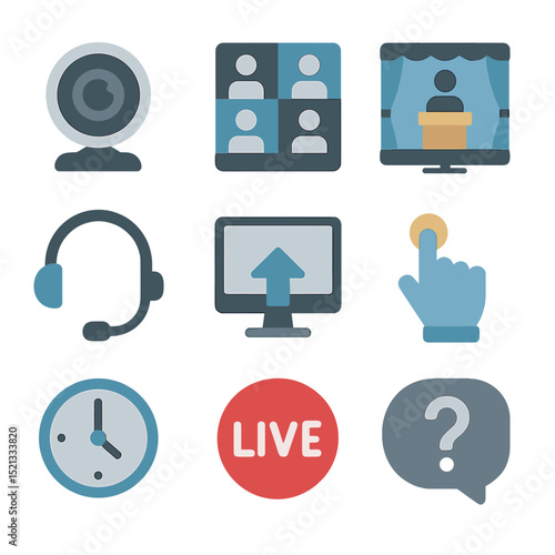 Virtual Public Speaking Icons. Flat icon set of virtual public speaking: webcam, video conference grid, online
