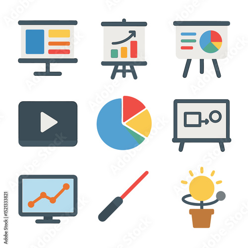 Visual Aids Icon Set. Flat icon set of visual aids for speeches: slideshow screen, flip chart, infographic