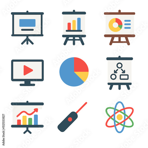 Visual Aids Icon Set. Flat icon set of visual aids for speeches: slideshow screen, flip chart, infographic