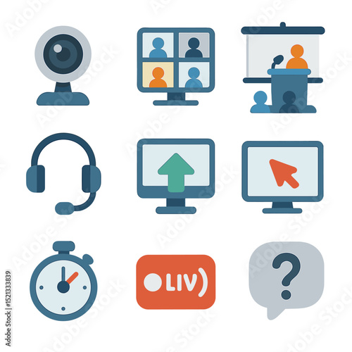 Virtual Public Speaking Icons. Flat icon set of virtual public speaking: webcam, video conference grid, online