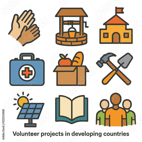 Volunteer Projects Icons. Flat icon set of volunteer projects in developing countries: helping hands,
